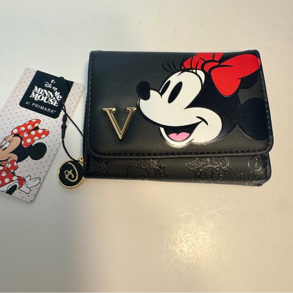 NWT. Primark Disney Minnie Mouse Embossed black Wallet - Initial “V”